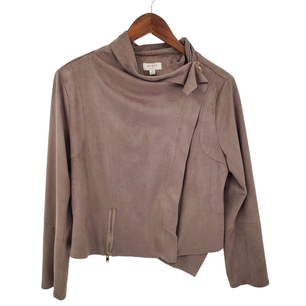 Umgee Womens M Taupe Faux Suede Zip Front Moto Jacket Neutral Layering